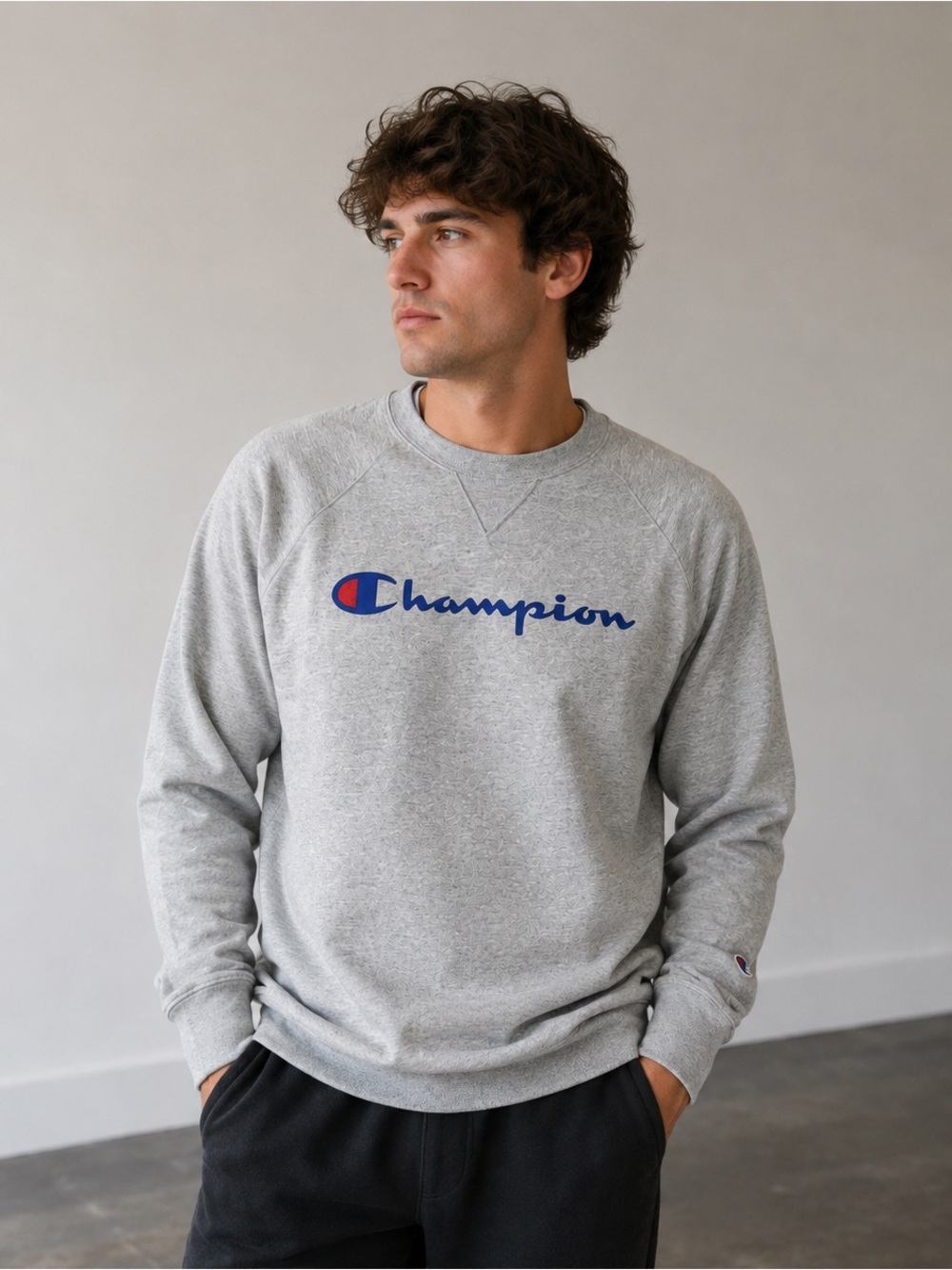 Champion Gray Crewneck Sweatshirt Mens Large Logo Pullover Fleece Athletic
